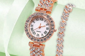 Elegant Studed Ladies Wristwatch With Hand Chain Gold